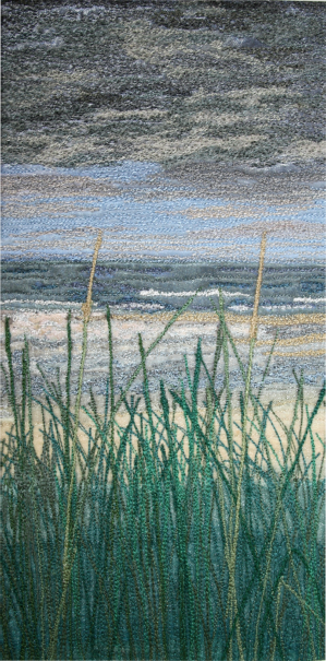 Grasses on Bamburgh beach, Northumberland (12x25 cms) by textile artist Mary Taylor SOLD