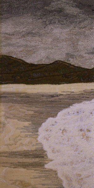Foaming surf on Sanna beach, Ardnamurchan (12x25 cms £200) by textile artist Mary Taylor 