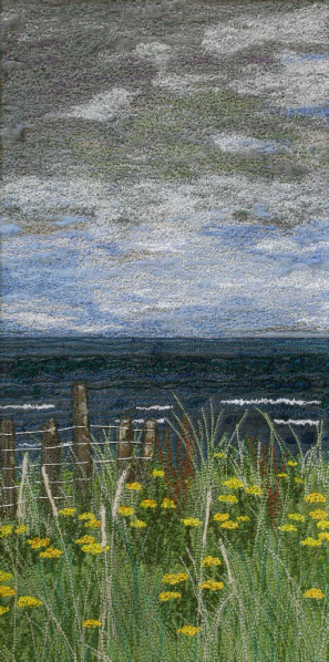 Ragwort in the dunes, Beadnell Bay, Northumberland (14x28 cms) by Textile artist Mary Taylor