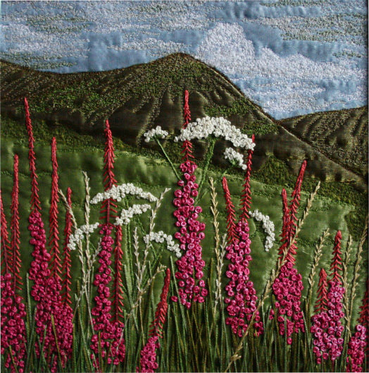 Rosebay willowherb on Black Horse Hill near Sedbergh (20x20 cms) by textile artist Mary Taylor