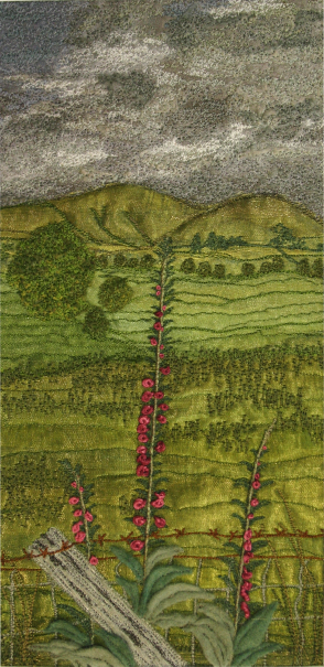 Foxgloves on Black Horse Hill near Sedbergh (12x25 cms) by textile artist Mary Taylor SOLD