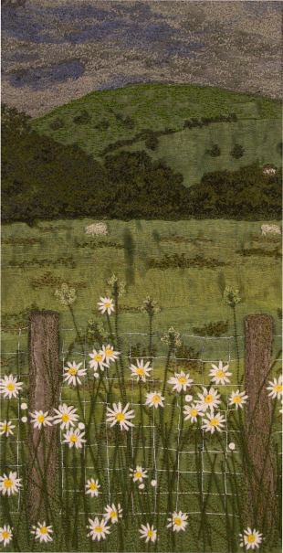 Oxeye daisies near Farfield Mill (12x25 cms) by Textile artist Mary Taylor SOLD