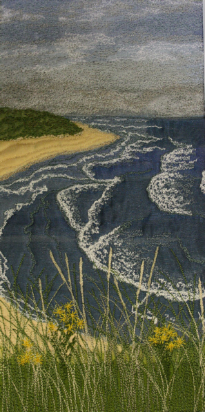 Looking up the coast from Beadnell, Northumberland (14x28 cms SOLD) by Textile artist Mary Taylor