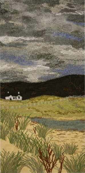 White Cottage, Ardalanish beach, Mull (12x25 cms) by Textile artist Mary Taylor SOLD