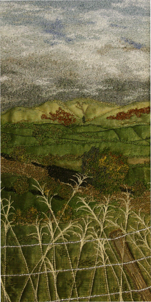 The Howgills from Black Horse Hill near Sedbergh in early Autumn (12x25 cms) by textile artist Mary Taylor