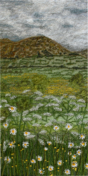 Buttercups and daisies on Black Horse Hill near Sedbergh (12x25 cms) by textile artist Mary Taylor