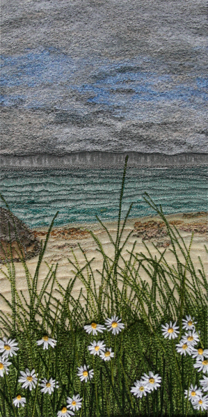 Daisies on Camusdarach beach (12x25 cms) by Textile artist Mary Taylor SOLD