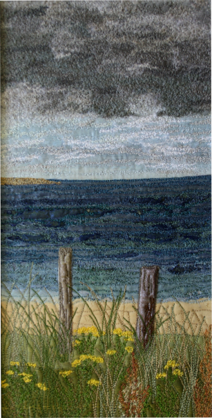 High tide, Beadnell Bay, Northumberland (14x28 cms) by textile artist Mary Taylor SOLD